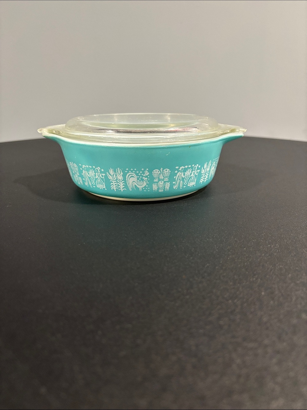 Vintage Pyrex Turquoise Covered Casserole with White Farmhouse Pattern